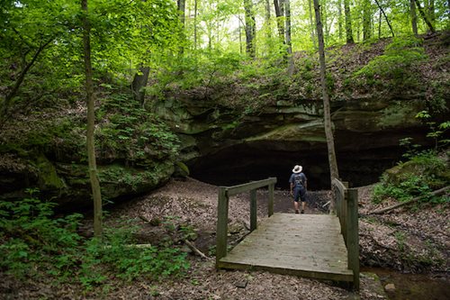 there is a man walking across a bridge in the woods, a cave painting by Ben Zoeller, instagram contest winner, environmental art, ancient caves, overgrown stone cave, cave entrance